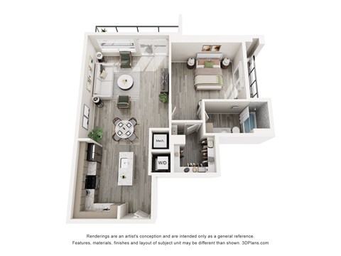 Floor plan for 1 bed, 1 bath, 889 sqft